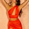 One Shoulder Cut Out Crop Top In Orange -Glam Dress Store 5398 5379 5 Carena Pia Orange One Shoulder Cut Out Crop Top Draped Midi Skirt