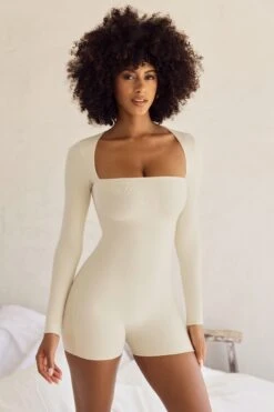 Long Sleeve Square Neck Unitard In Ivory 14 Long Sleeve Square Neck Unitard In Ivory -Glam Dress Store 5415 2 vory Rue Long Sleeve Square Neck Playsuit