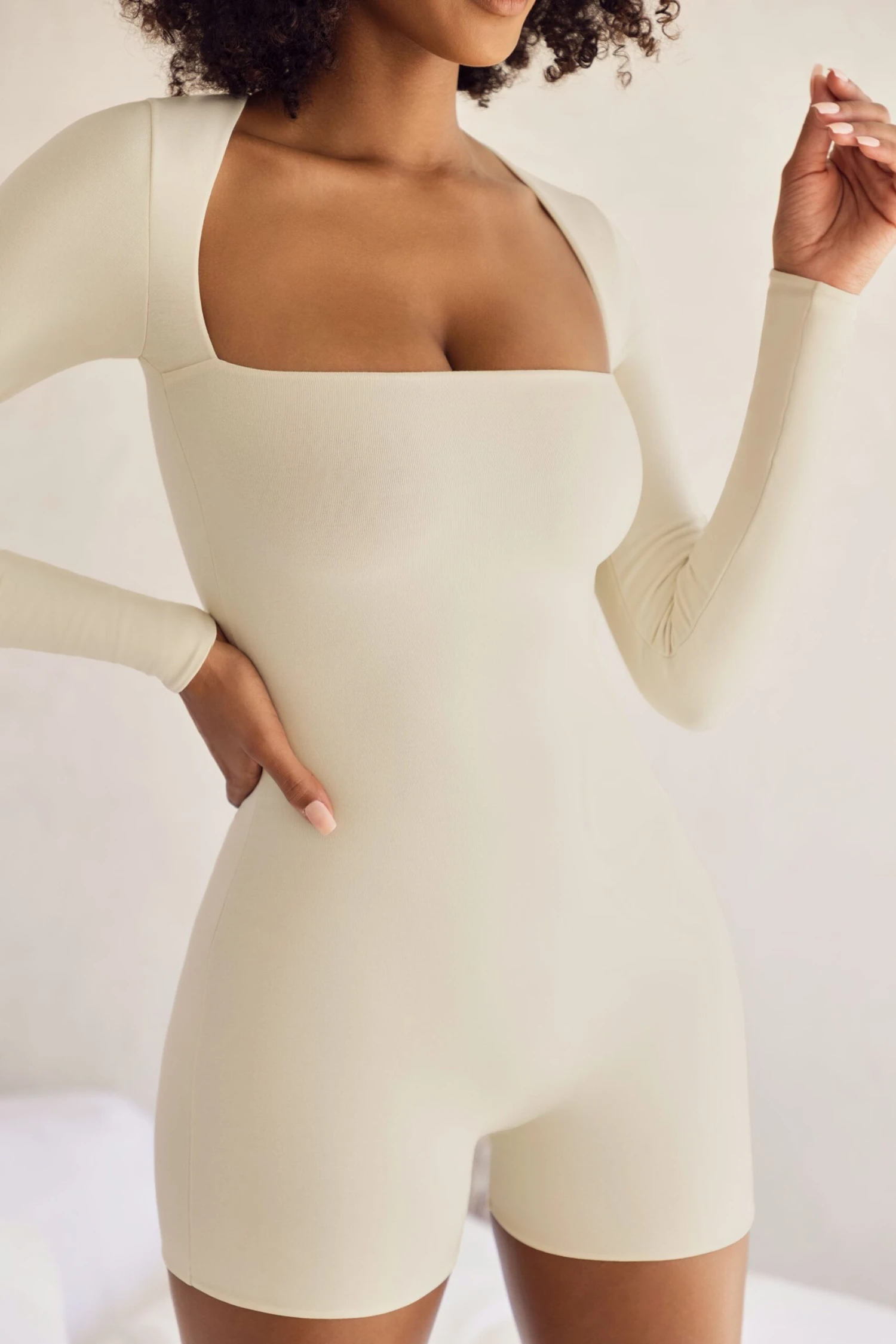 Long Sleeve Square Neck Unitard In Ivory 5 Long Sleeve Square Neck Unitard In Ivory - Image 3