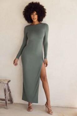 Long Sleeve Backless Maxi Dress In Green 14 Long Sleeve Backless Maxi Dress In Green -Glam Dress Store 5428 4 Kiah Green High Split Long Sleeve Maxi Dress