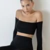 Long Sleeve Bardot Crop Top In Black -Glam Dress Store 5431 5451 7 Renata Gaia Black Bardot Long Sleeve Crop Top Split Side Flare Trousers a47f6425 0fad 4df5 bb18 197ca6a541dc