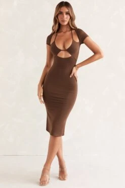Cap Sleeve Cut Out Midi Dress In Brown -Glam Dress Store 5450 2 Lyden Brown Cap Sleeve Flared Hem Midi Dress