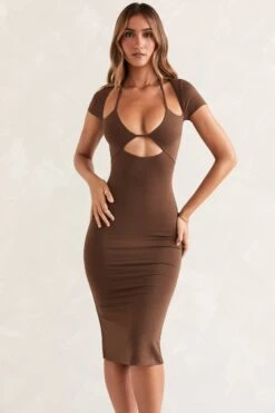 Cap Sleeve Cut Out Midi Dress In Brown -Glam Dress Store 5450 3 Lyden Brown Cap Sleeve Flared Hem Midi Dress