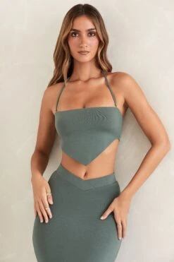 Halter Neck Angled Hem Crop Top In Green -Glam Dress Store 5452 1 Green Removable Straps Crop Top