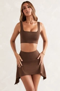 Asymmetric Hem Mini Skirt In Brown 14 Asymmetric Hem Mini Skirt In Brown -Glam Dress Store 5453 5455 2 Jora Laela Brown Asymmetric Hem Mini Skirt Scoop Midi Top 1