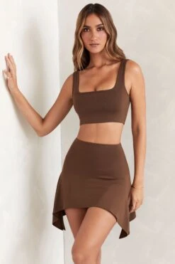 Asymmetric Hem Mini Skirt In Brown