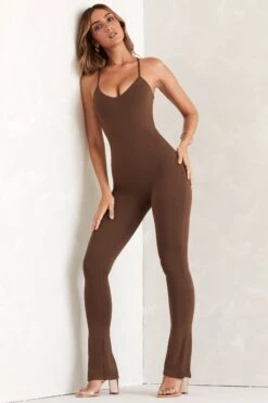 Tall Scoop Neck Backless Jumpsuit In Brown