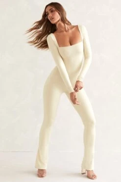 Long Sleeve Square Neck Jumpsuit In Ivory 15 Long Sleeve Square Neck Jumpsuit In Ivory -Glam Dress Store 5457 2 Jett Ivory Square Neckline Jumpsuit 1