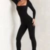 Long Sleeve Square Neck Jumpsuit In Black 2 Long Sleeve Square Neck Jumpsuit In Black -Glam Dress Store 5457 4 Jett Black Square Neckline Jumpsuit 1