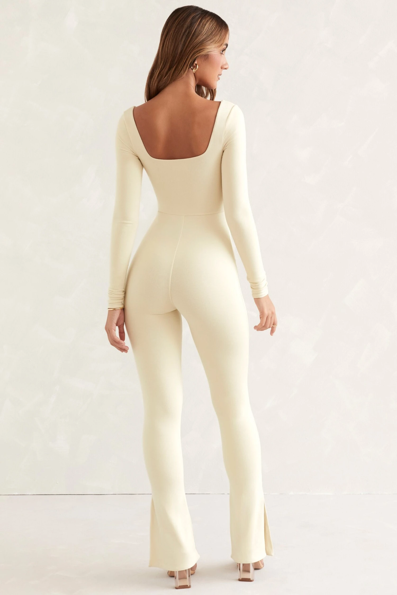 Long Sleeve Square Neck Jumpsuit In Ivory 4 Long Sleeve Square Neck Jumpsuit In Ivory - Image 2