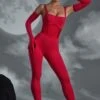 Square Neckline Jumpsuit With Gloves In Red