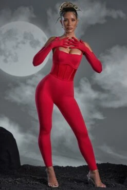 Square Neckline Jumpsuit With Gloves In Red -Glam Dress Store 5463 6353 4 Lillith Red Square Neckline Jumpsuit with Gloves Corset Belt 3be0143e 5e19 4109 9170 c5f95085fe90