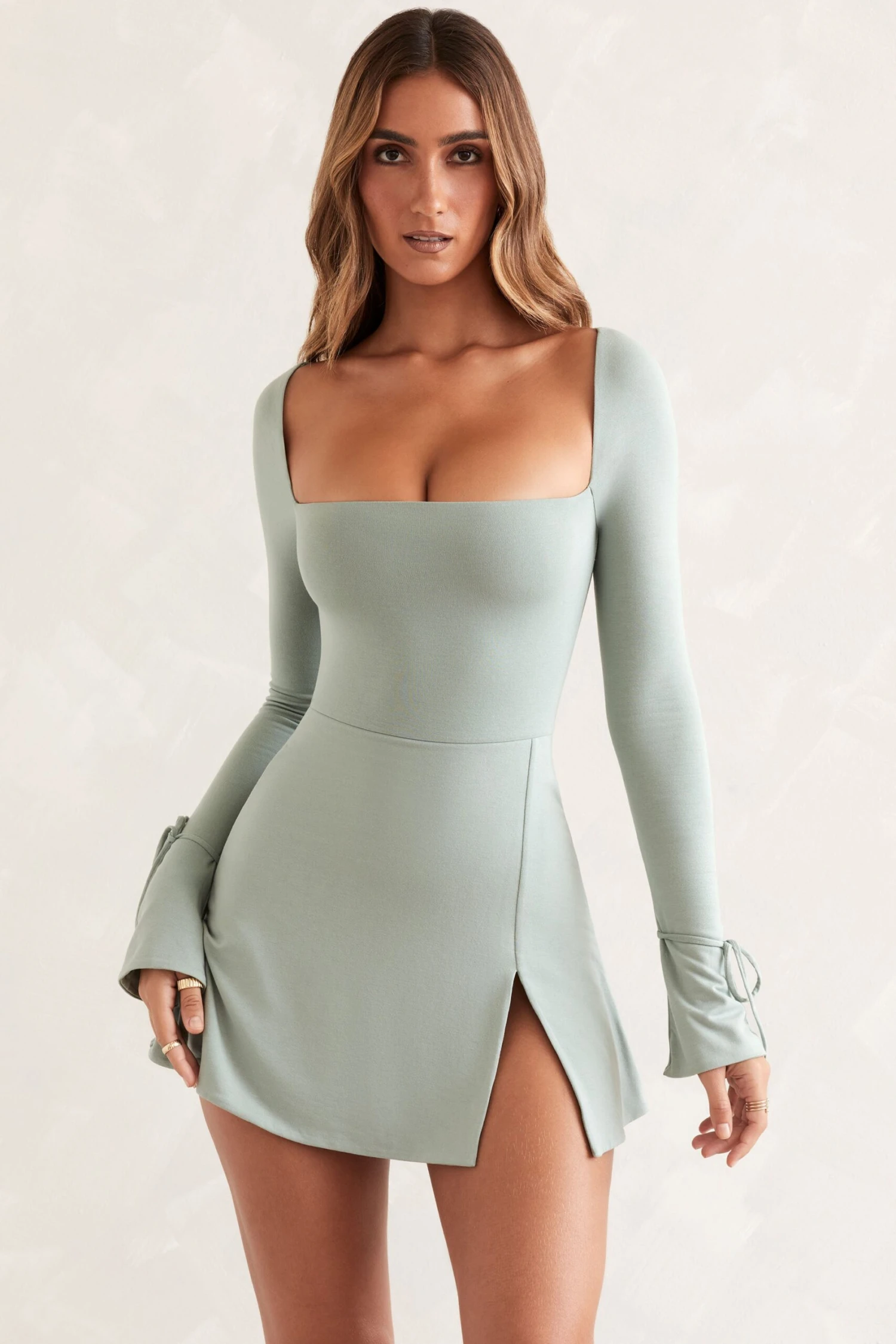 Square Neck Long Sleeve Mini Dress In Sage 9 Square Neck Long Sleeve Mini Dress In Sage - Image 7