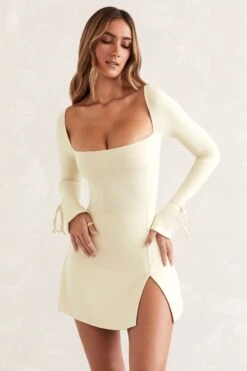 Square Neck Long Sleeve Mini Dress In Ivory -Glam Dress Store 5469 2 Baize Ivory Square Neck Long Sleeve Mini Dresscopy