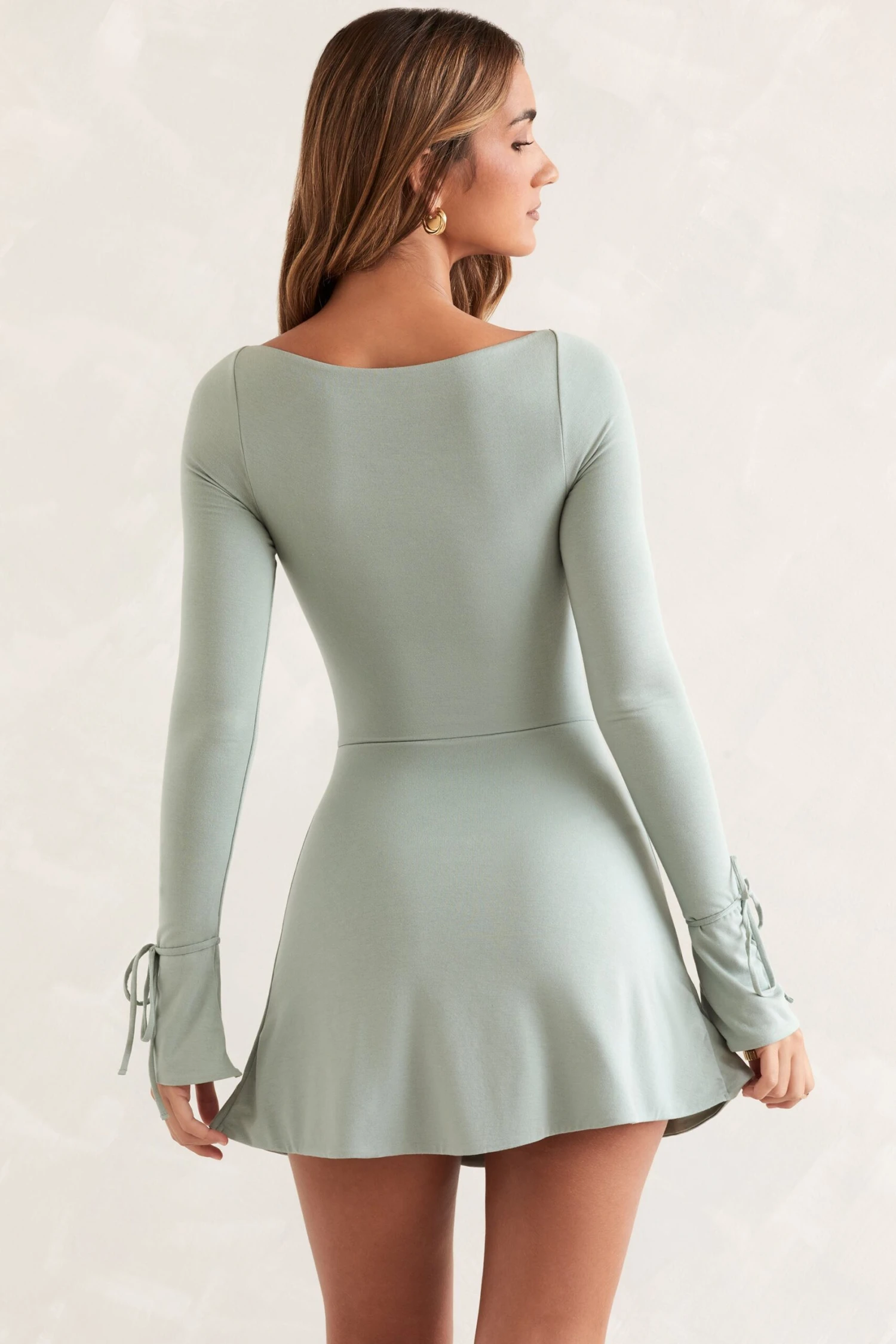 Square Neck Long Sleeve Mini Dress In Sage 4 Square Neck Long Sleeve Mini Dress In Sage - Image 2