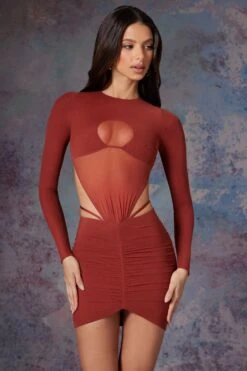 Long Sleeve Cut Out Mini Dress In Brick 13 Long Sleeve Cut Out Mini Dress In Brick -Glam Dress Store 5470 2 Briar Brick Cut Out Mini With Full Length Sleeves