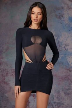 Long Sleeve Cut Out Mini Dress In Midnight Black -Glam Dress Store 5470 3 Briar Black Cut Out Mini With Full Length Sleeves