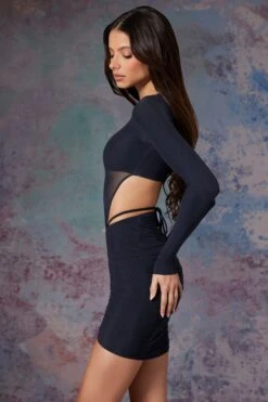 Long Sleeve Cut Out Mini Dress In Midnight Black -Glam Dress Store 5470 5 Briar Black Cut Out Mini With Full Length Sleeves