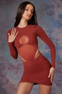Long Sleeve Cut Out Mini Dress In Brick