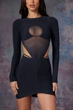 Long Sleeve Cut Out Mini Dress In Midnight Black -Glam Dress Store 5470 7 Briar Black Cut Out Mini With Full Length Sleeves