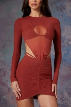 Long Sleeve Cut Out Mini Dress In Brick 12 Long Sleeve Cut Out Mini Dress In Brick -Glam Dress Store 5470 8 Briar Brick Cut Out Mini With Full Length Sleeves