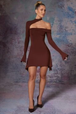 Asymmetric High Neck Mini Dress In Brown -Glam Dress Store 5472 1 Katya Brown Asymmetric High Neck Dress