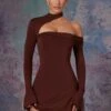 Asymmetric High Neck Mini Dress In Brown -Glam Dress Store 5472 2 Katya Brown Asymmetric High Neck Dress