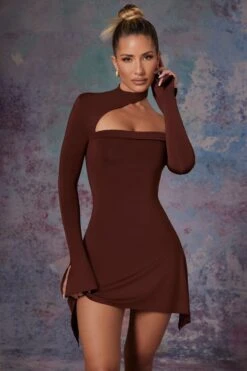 Asymmetric High Neck Mini Dress In Brown -Glam Dress Store 5472 3 Katya Brown Asymmetric High Neck Dress