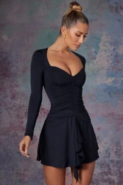 Long Sleeve Waterfall Skirt Mini Dress In Midnight Black -Glam Dress Store 5473 2 Lili Black Long Sleeve Halter Neck Mini Dress With Waterfall Skirt