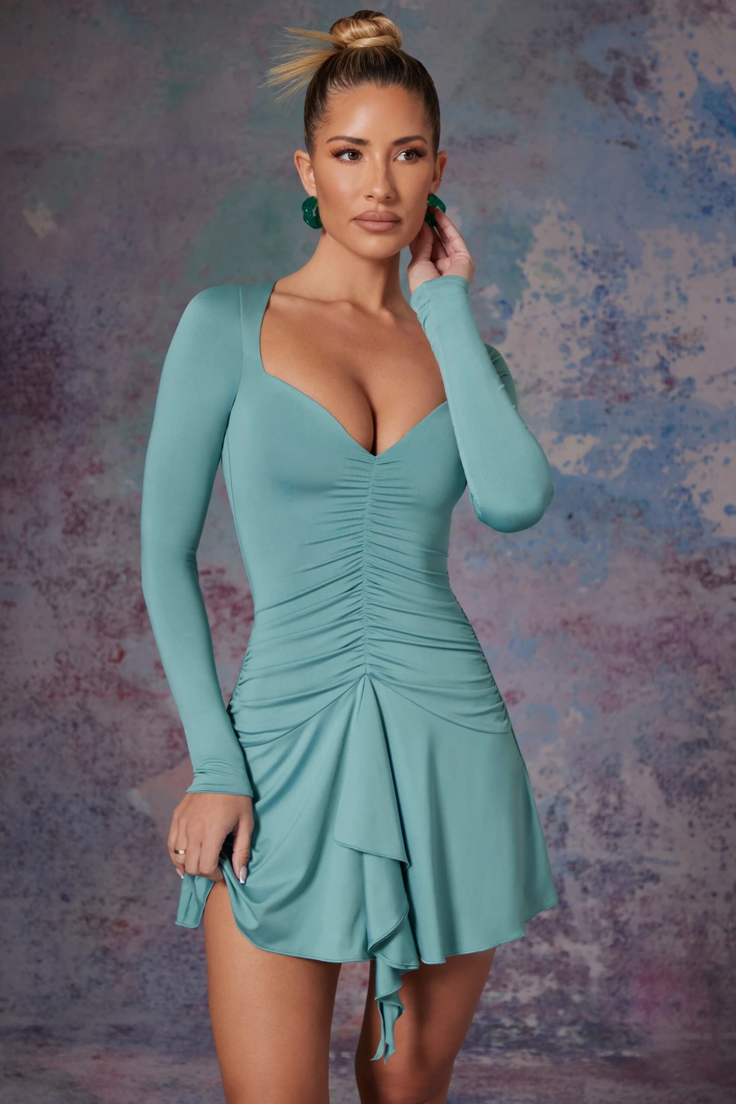 Long Sleeve Waterfall Skirt Mini Dress In Light Teal 7 Long Sleeve Waterfall Skirt Mini Dress In Light Teal - Image 5