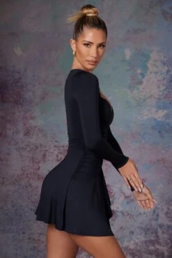 Long Sleeve Waterfall Skirt Mini Dress In Midnight Black -Glam Dress Store 5473 5 Lili Black Long Sleeve Halter Neck Mini Dress With Waterfall Skirt