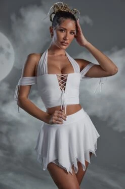 Lace Up Halter Neck Crop Top In White