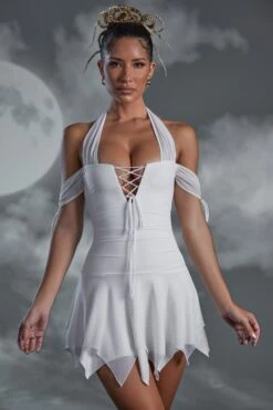 Lace Up Halter Neck Mini Dress In White -Glam Dress Store 5476 2 Elvyra White Hankey Hem Lace Detail Mini Dress