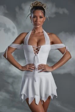 Lace Up Halter Neck Mini Dress In White