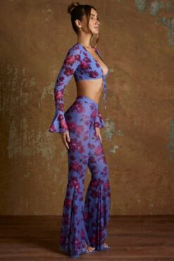 Split Flare Ruffle Trousers In Periwinkle Print -Glam Dress Store 5478 6 Hazan Periwinkle Print Ruched Hem Trousers