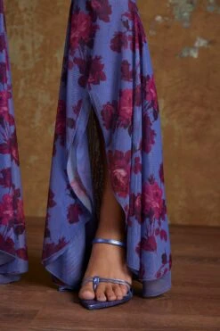 Split Flare Ruffle Trousers In Periwinkle Print -Glam Dress Store 5478 9 Hazan Periwinkle Print Ruched Hem Trousers