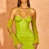 Off The Shoulder Mini Dress In Green -Glam Dress Store 5524 1 Emalee Green Over Shoulder Mesh Long Sleeve Ruched Mini Dress