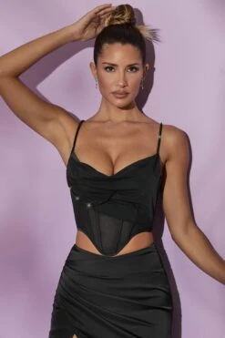 Cowl Neck Corset Crop Top In Black -Glam Dress Store 5560 2 Lolite Black Mesh Cowl Corset Top