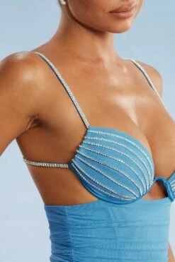 Cut Out Ruched Bodysuit In Blue 20 Cut Out Ruched Bodysuit In Blue -Glam Dress Store 5574 3 Leda Blue Cut Out Cup Ruched Body Suit