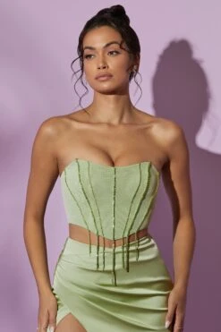 Embellished Corset Top In Sage -Glam Dress Store 5575 5398 2 Esmerelda Pia Sage Crystal Trim Corset Top Wrap Maxi Skirt