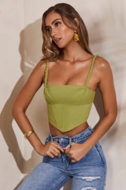 Slight Cowl Neckline Corset Crop Top In Green