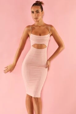Embellished Strap Cut Out Midi Dress In Rose -Glam Dress Store 5584 9 Rose Embellished Strap Under Bust Cut Out Midi Dresscopy