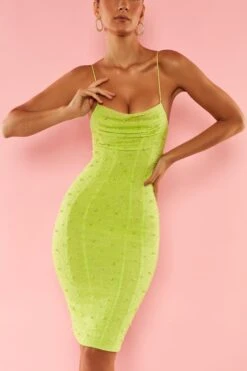 Strappy Embellished Midi Dress In Lime -Glam Dress Store 5585 5 Riviera Lime Embellished Midi Dress