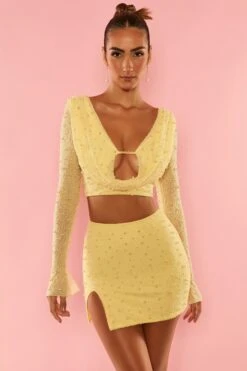 High Waist Thigh Split Mini Skirt In Yellow -Glam Dress Store 5590 5591 2 Ville Franche Yellow Flare Sleeve Deep plunge Crop Top Split High Waisted Ultra Mini Skirtcopy
