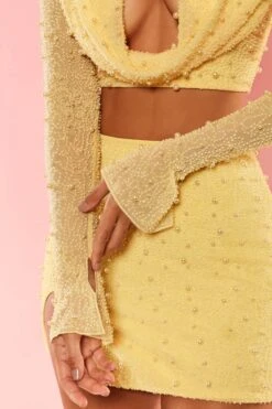 High Waist Thigh Split Mini Skirt In Yellow -Glam Dress Store 5590 5591 7 Ville Franche Yellow Flare Sleeve Deep plunge Crop Top Split High Waisted Ultra Mini Skirtcopy