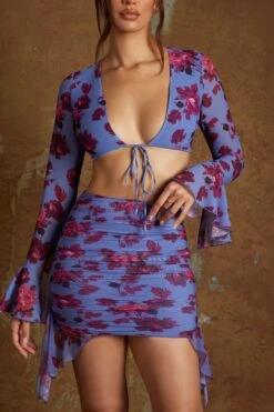 Frill Hem Mini Skirt In Periwinkle Print -Glam Dress Store 5604 6373 2 Feryal Caria Periwinkle Print Frill Hem Skirt Tie Front Top