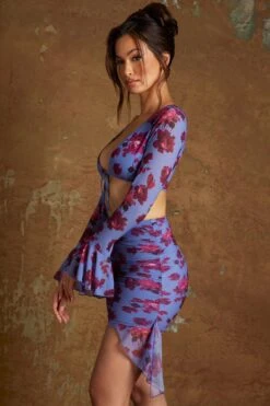 Frill Hem Mini Skirt In Periwinkle Print -Glam Dress Store 5604 6373 5 Feryal Caria Periwinkle Print Frill Hem Skirt Tie Front Top