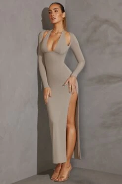 Long Sleeve Plunge Neck Maxi Dress In Grey -Glam Dress Store 5607 1 Odelle Grey Maxi Dress With Split