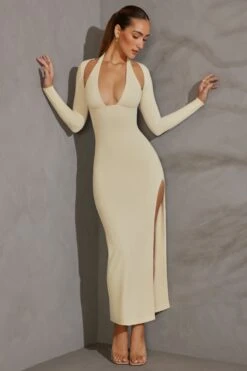 Long Sleeve Plunge Neck Maxi Dress In Ivory 12 Long Sleeve Plunge Neck Maxi Dress In Ivory -Glam Dress Store 5607 1 Odelle Ivory Maxi Dress With Split