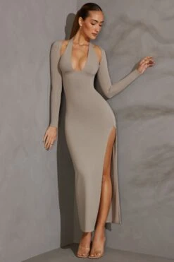 Long Sleeve Plunge Neck Maxi Dress In Grey -Glam Dress Store 5607 2 Odelle Grey Maxi Dress With Split
